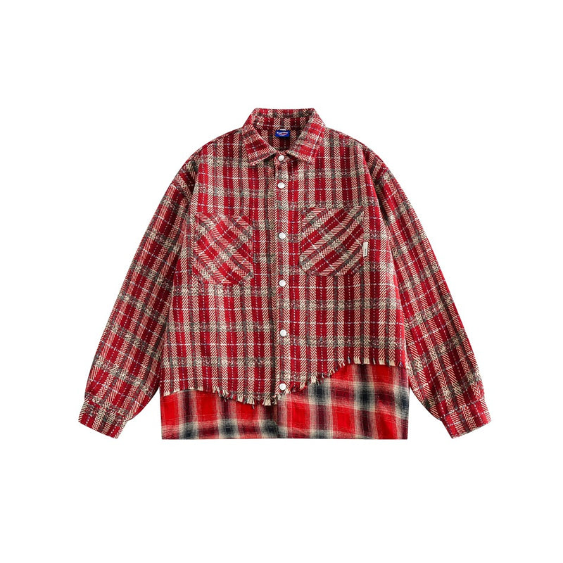 Oversized vintage plaid patchwork fringe jacket with snap buttons and arrow-stitched chest pockets in red and black colorways