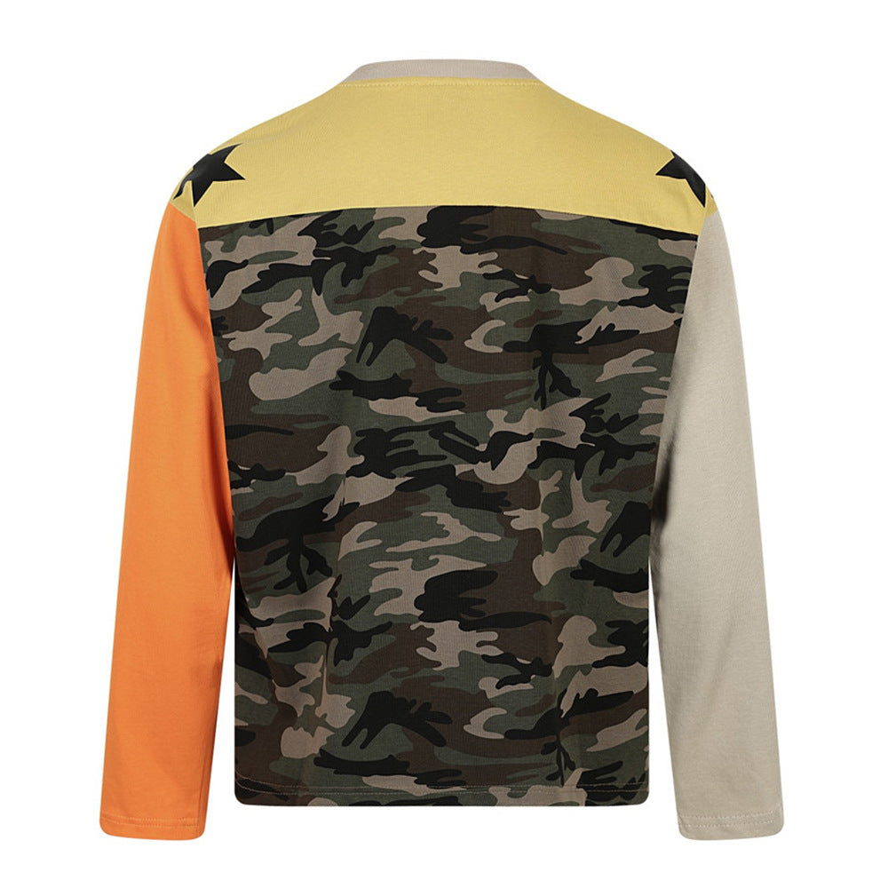 Taeleplus 07 Colorblock Long Sleeve T-Shirt – Star Print Camo Back Street Style