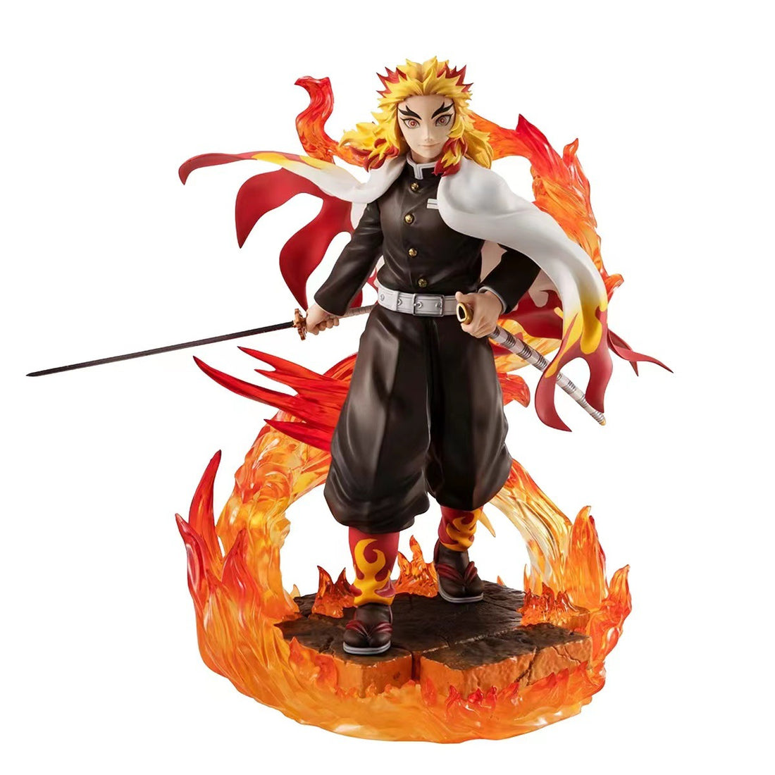 The 22CM Rengoku Kyojuro Action Figure from Demon Slayer features exquisite detail with vibrant yellow and red hair, a black and white uniform, and a sword. It stands on a circular base with flame effects, making it an essential collectible for any Flame Hashira enthusiast.