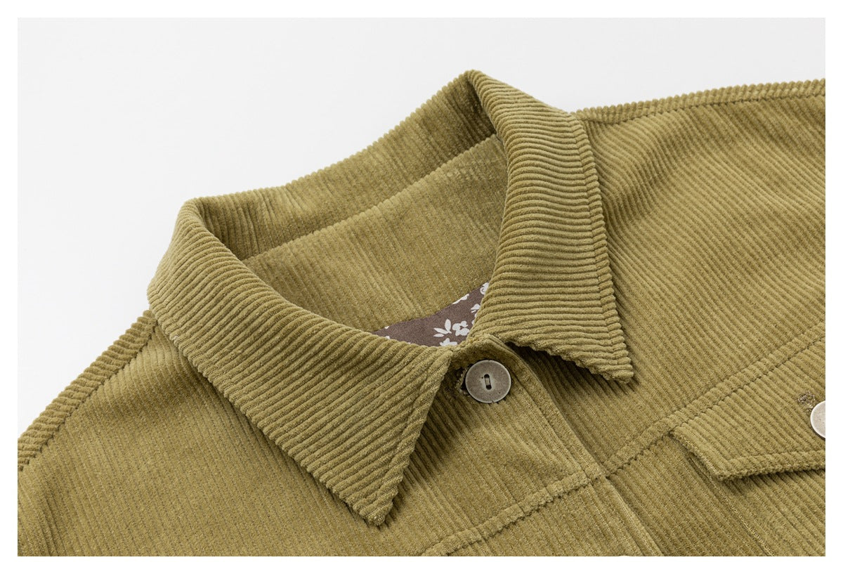 Corduroy Trucker Jacket — Oversized Fit, Floral-Lined, Olive Green