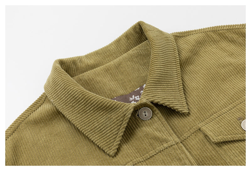 Corduroy Trucker Jacket — Oversized Fit, Floral-Lined, Olive Green