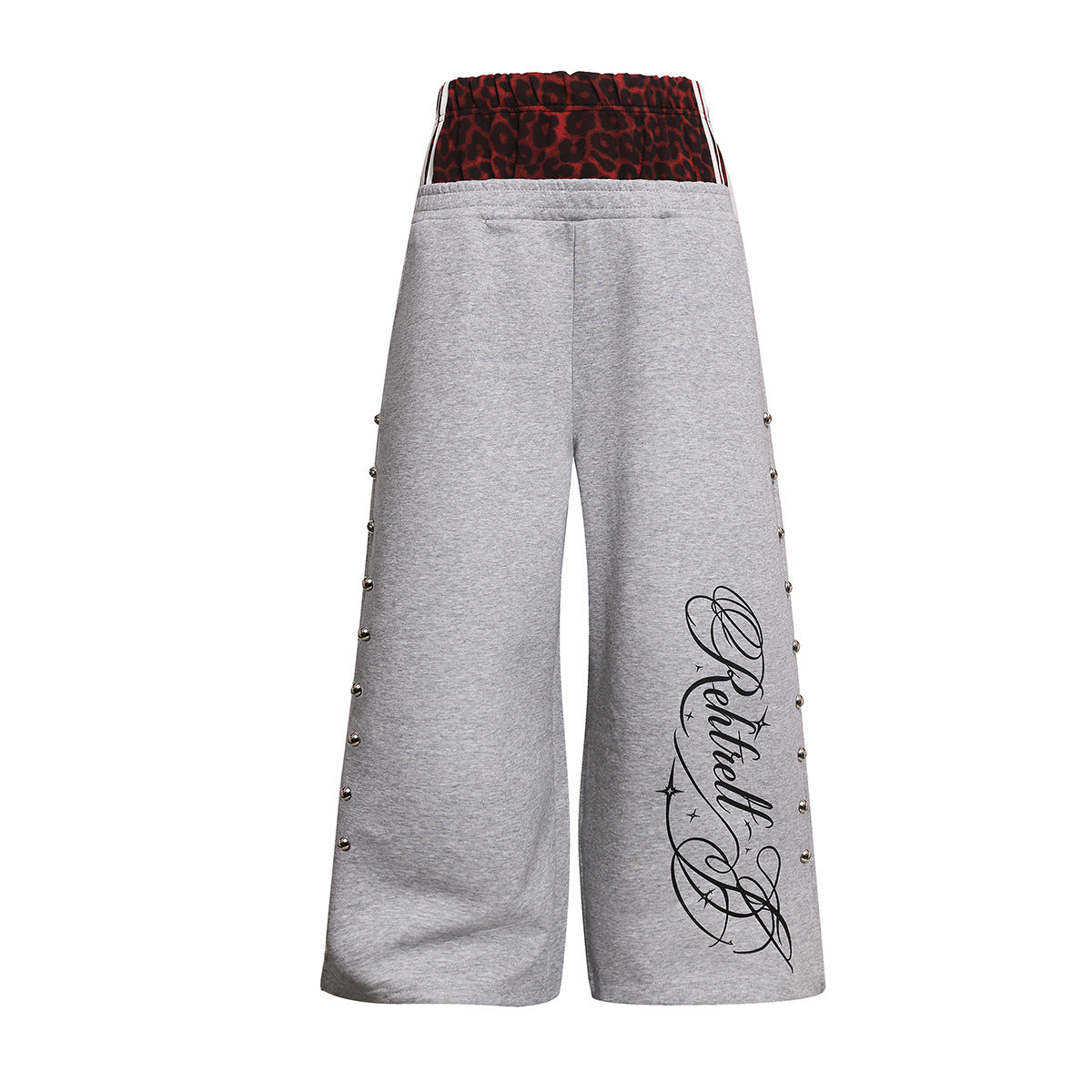 Wide-Leg-Jogginghose mit Leo-Print-Bund & seitlichen Nieten