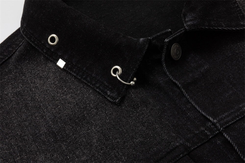 Black Jean Jacket Men – Punk Washed Denim with Metal Ring Hardware