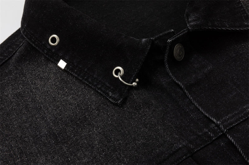 Black Jean Jacket Men – Punk Washed Denim with Metal Ring Hardware