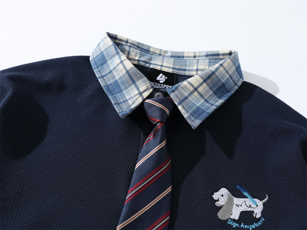 Plaid Patchwork Pullover Sweatshirt with Detachable Tie – Preppy College Style