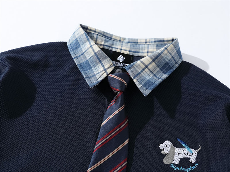 Plaid Patchwork Pullover Sweatshirt with Detachable Tie – Preppy College Style
