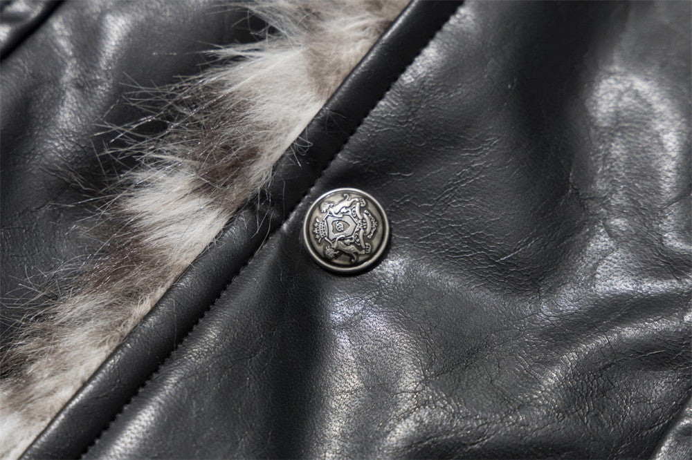 Chaqueta de piel sintética PU negra para hombre con cuello y borde de pelo sintético