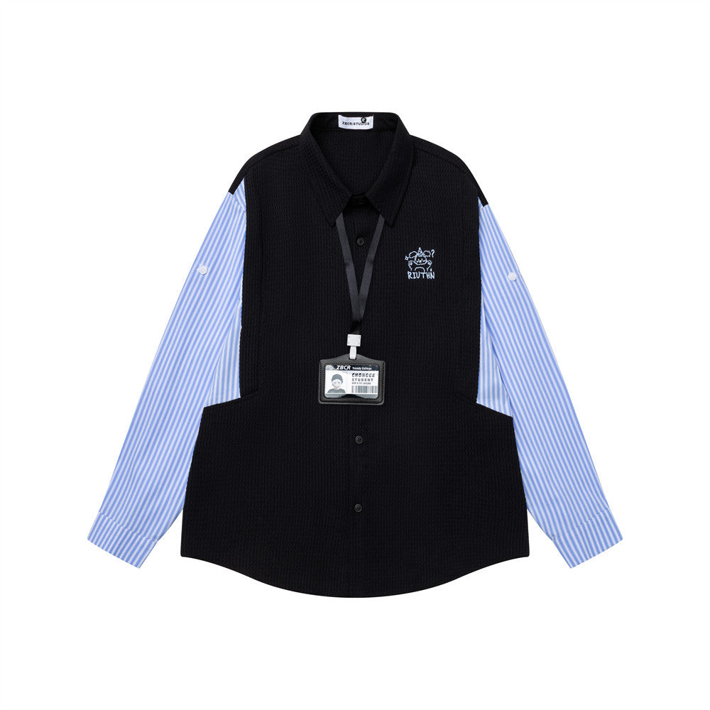 Chemise homme boutonnée à empiècement côtelé & rayures – Coupe preppy oversize