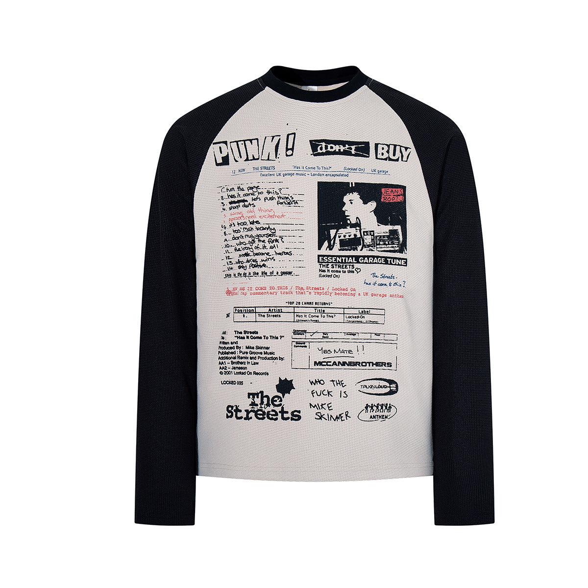 The Streets punk graphic waffle knit raglan long sleeve shirt in off-white and black, front and back view
