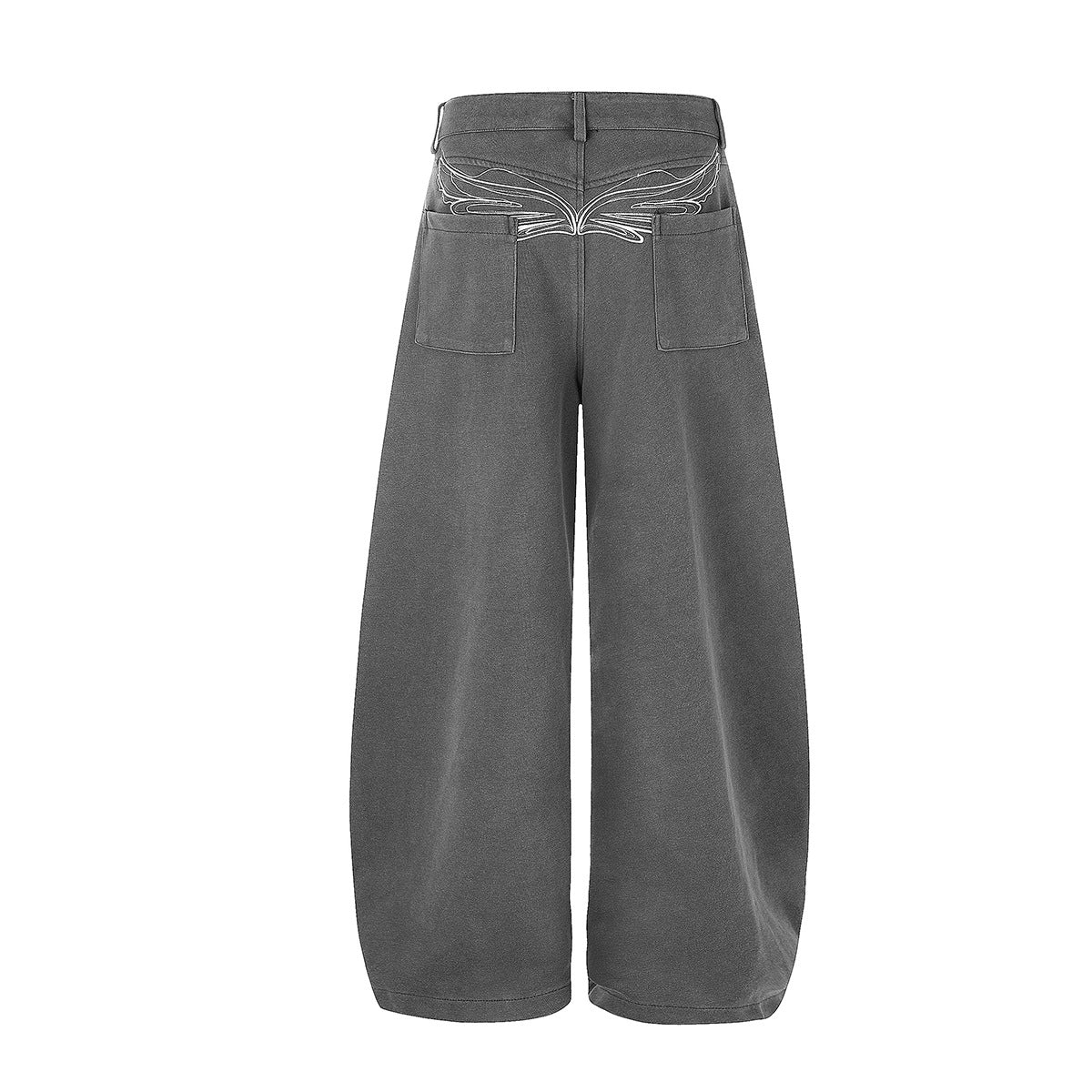 Pantalon habillé à jambes larges – Coupe baggy délavée avec poches brodées et ceinture croisée