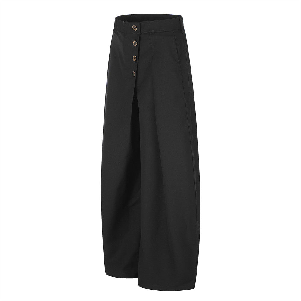 Wide-Leg Pleated Trousers with Diagonal Button Fly