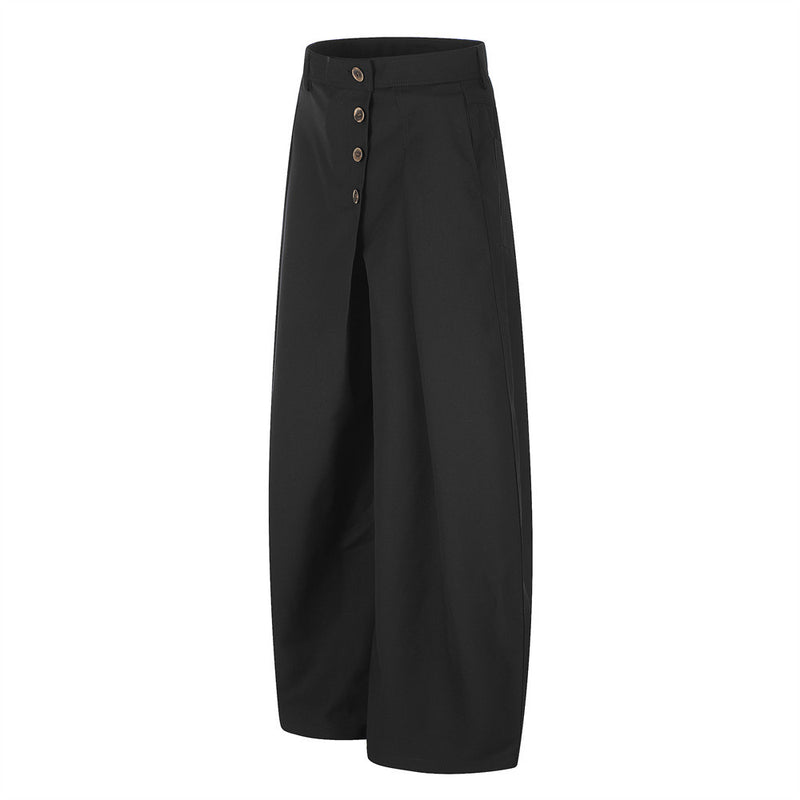 Wide-Leg Pleated Trousers with Diagonal Button Fly