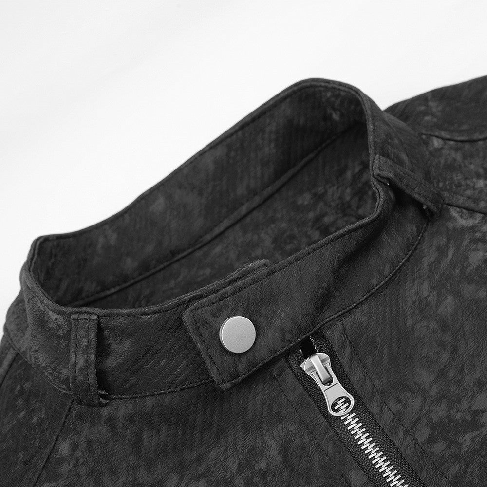 Men's Black Stand-Collar Moto Jacket – Textured Zip-Up Biker Coat