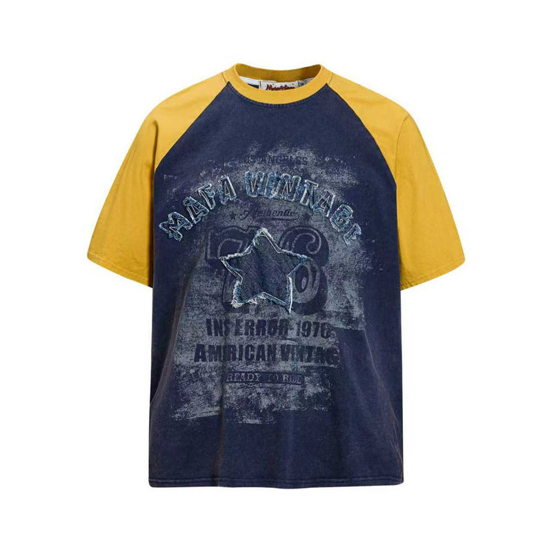 Navy and mustard raglan colorblock T-shirt with vintage star graphic and faded Mafa Vintage print