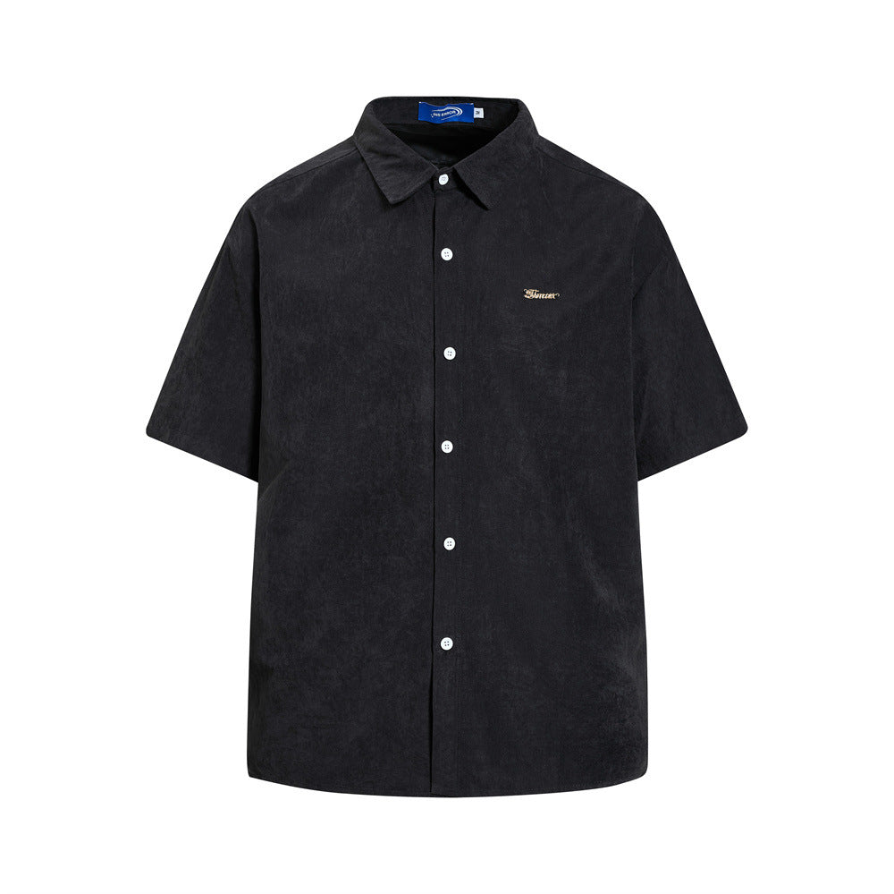 Men's Oversized Short Sleeve Button-Up Shirt – Casual Solid Suede-Texture