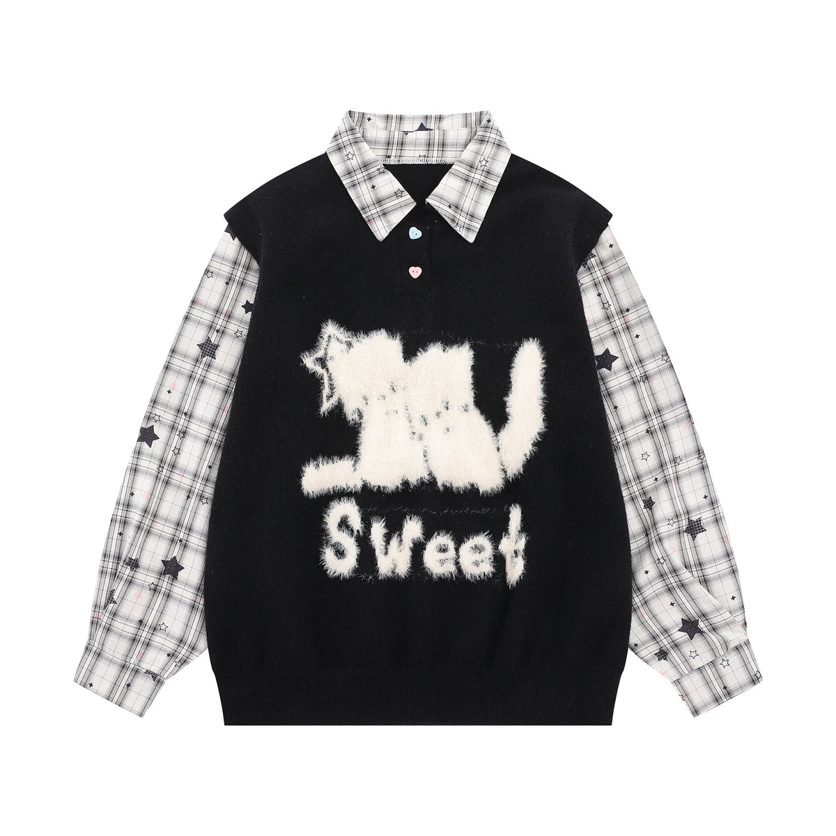 Sweet Cat Fuzzy Knit Sweater with Plaid Shirt Layered Pullover