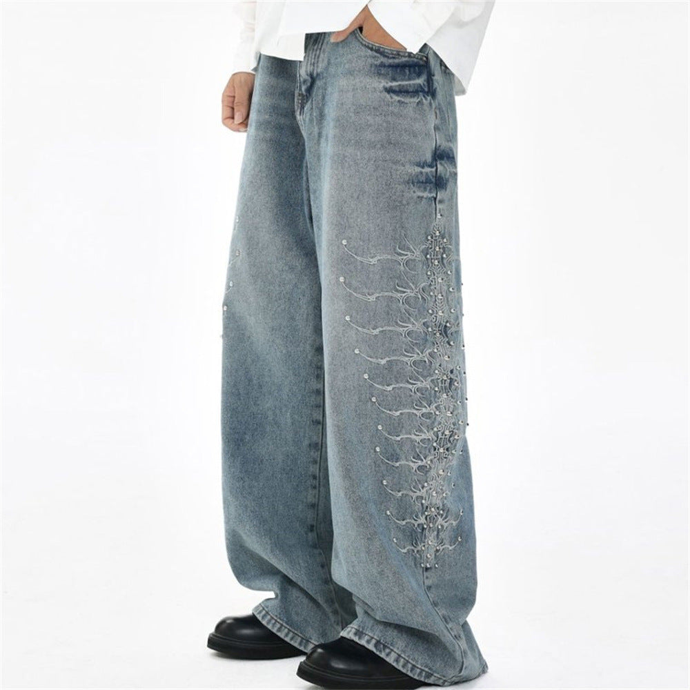 Men's Baggy Wide-Leg Jeans – Studded & Embroidered Washed Denim