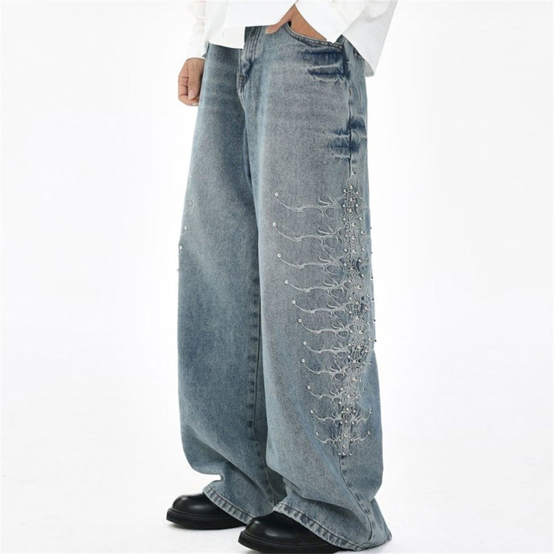 Men's Baggy Wide-Leg Jeans – Studded & Embroidered Washed Denim