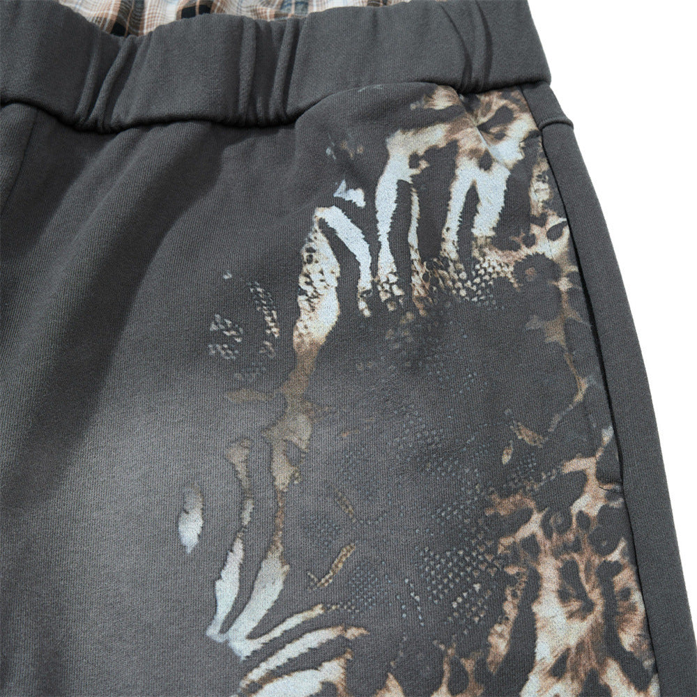 Wide Leg Sweatpants with Plaid Waistband & Animal Print Graphic