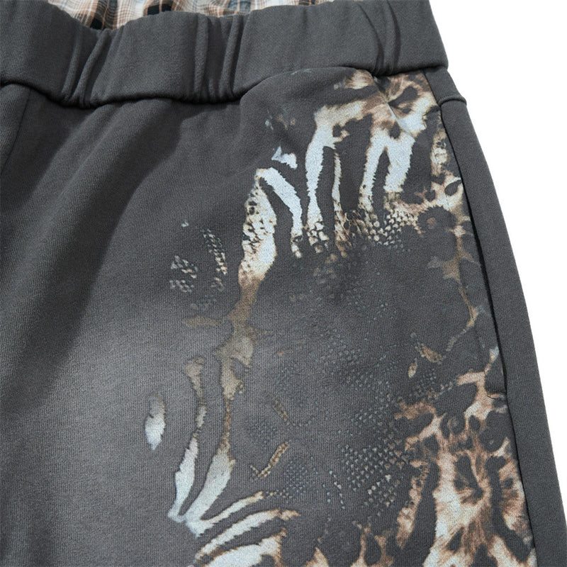 Wide Leg Sweatpants with Plaid Waistband & Animal Print Graphic