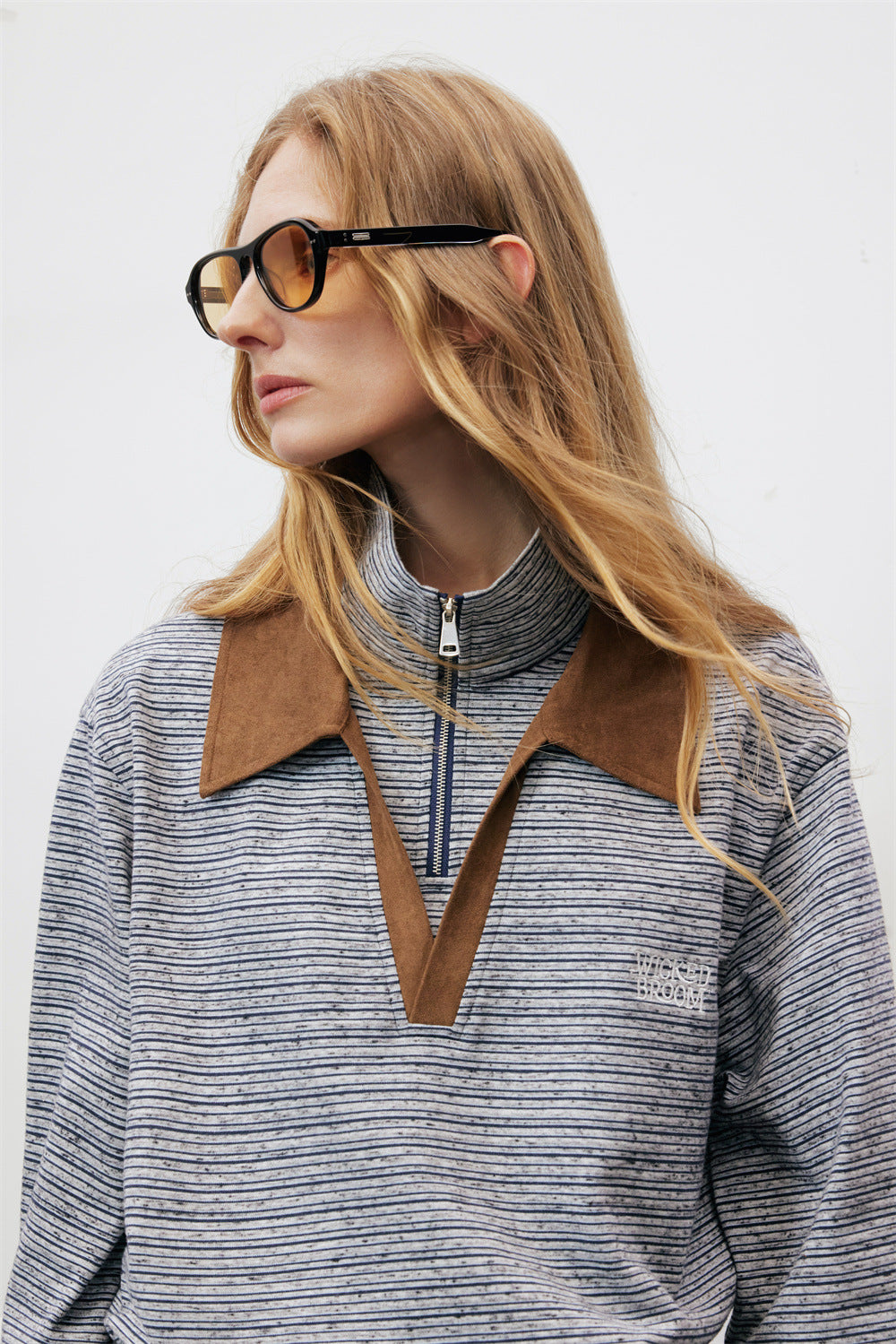 Striped Half-Zip Polo Sweatshirt with Suede Collar & Cuffs