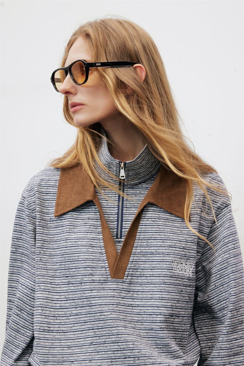 Striped Half-Zip Polo Sweatshirt with Suede Collar & Cuffs