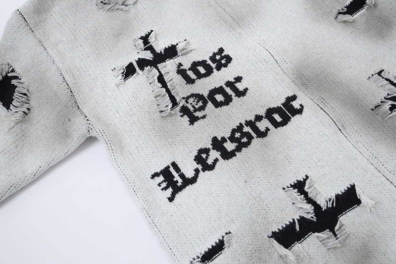 Distressed Cross Knit Cardigan mit Reißverschluss – Oversized Destroyed-Strickmode für