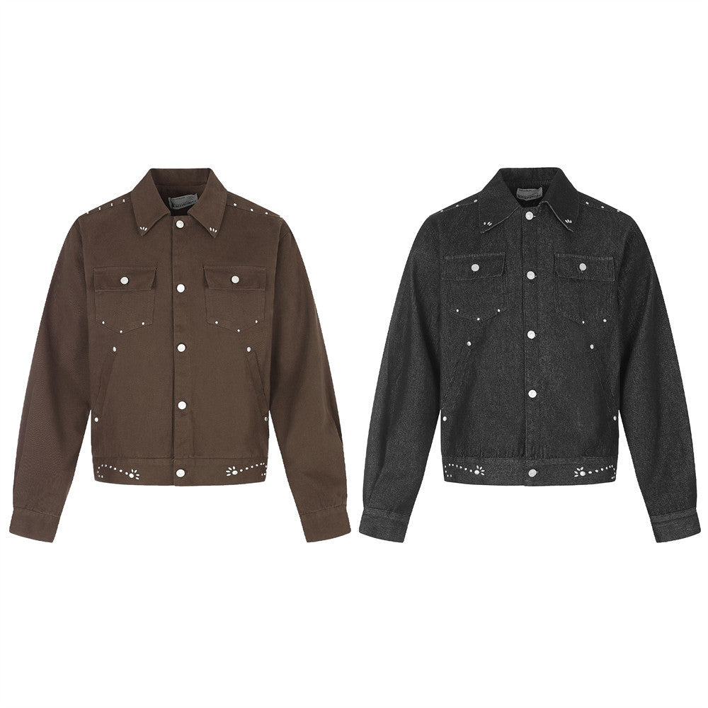 Men's Studded Denim Trucker Jacket – Short Cropped Fit with Silver Rivet Detail