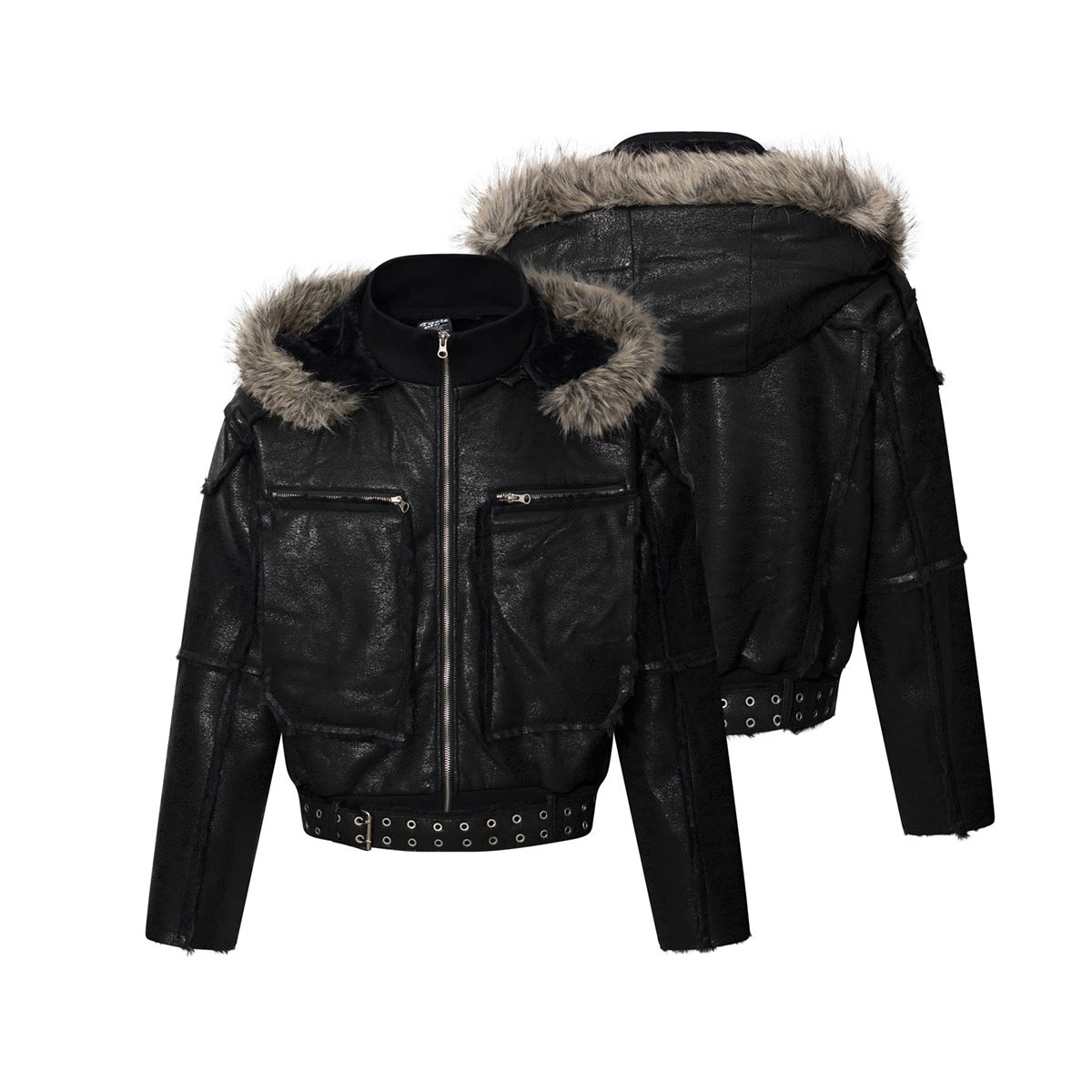 Faux Leather Bomber Jacket with Fur-Trim Hood & Fleece Lining — Black