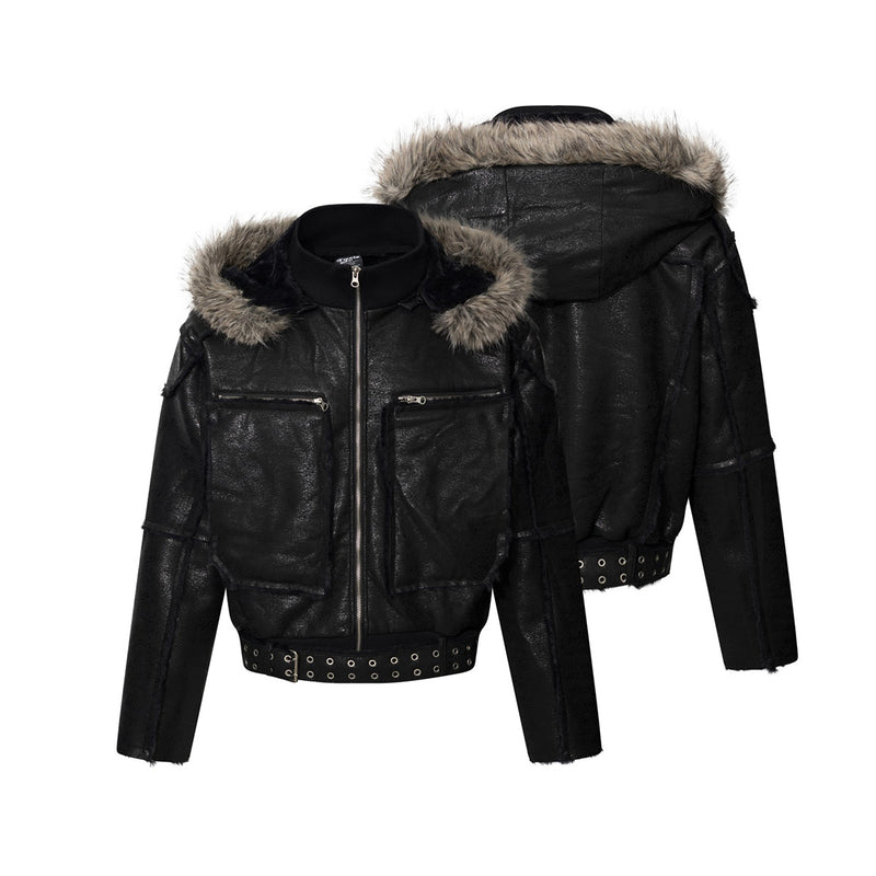 Faux Leather Bomber Jacket with Fur-Trim Hood & Fleece Lining — Black