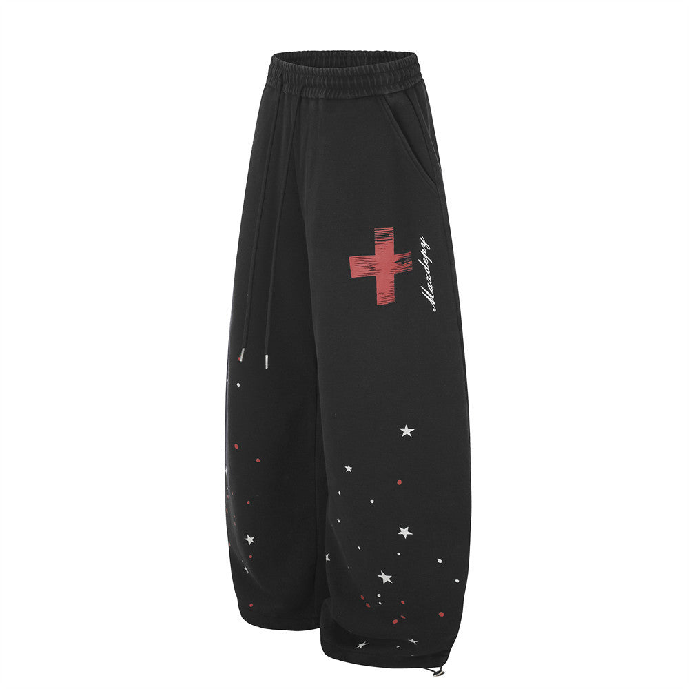 Wide-Leg-Sweathose mit Kreuz- und Sternprint – Oversized-Streetwear-Jogger