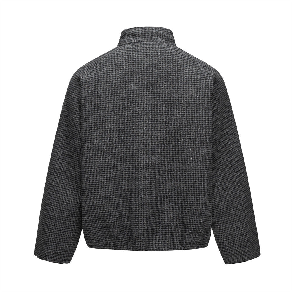 Houndstooth Wool-Blend Stand Collar Jacket – Men's Relaxed Fit Retro Bomber
