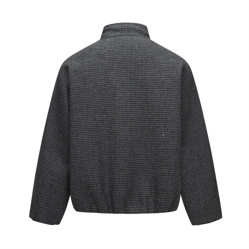 Houndstooth Wool-Blend Stand Collar Jacket – Men's Relaxed Fit Retro Bomber