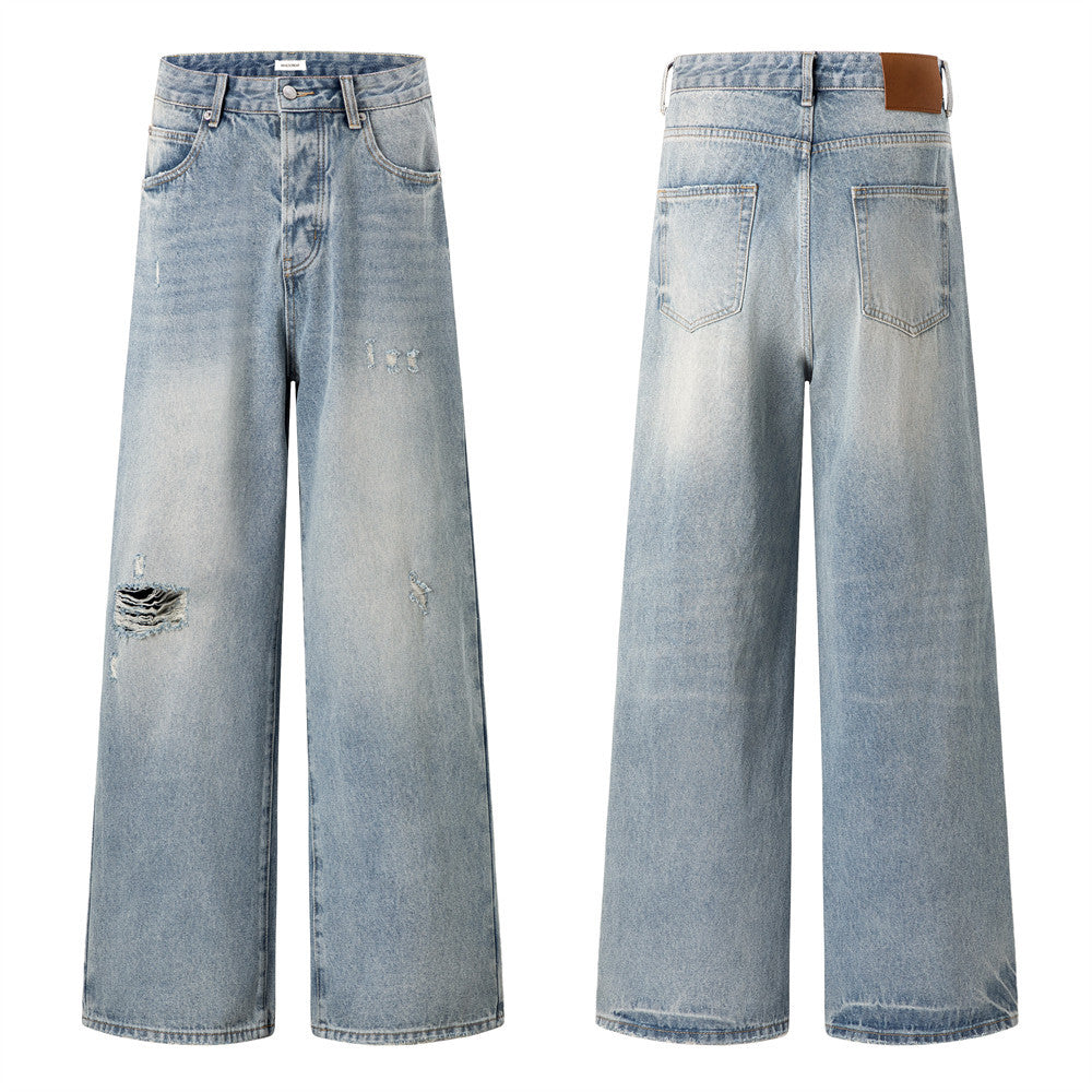 Wide-Leg Distressed Jeans – American Vintage Washed Denim, Relaxed Straight Fit