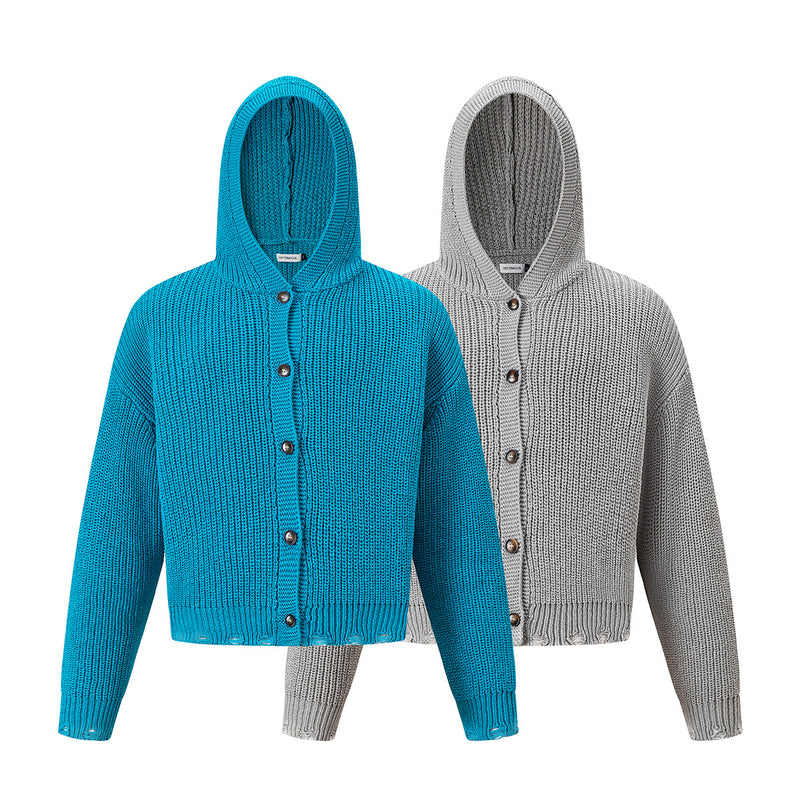 Hooded Knit Button Cardigan with Distressed Hem – Relaxed Vintage Streetwear