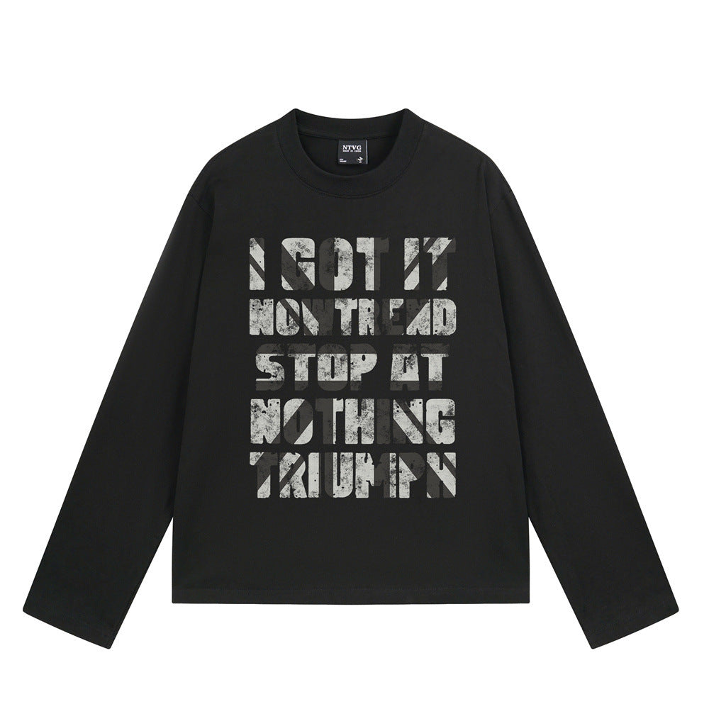 NTVG long sleeve graphic T-shirt with distressed typographic print in black and camel colorways