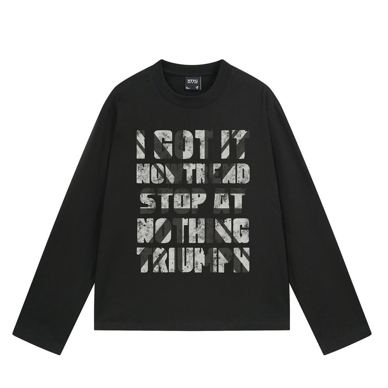 NTVG long sleeve graphic T-shirt with distressed typographic print in black and camel colorways