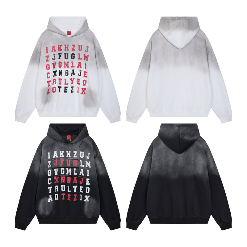 Letter Grid Oversized Hoodie – Acid-Washed Distressed Streetwear Pullover
