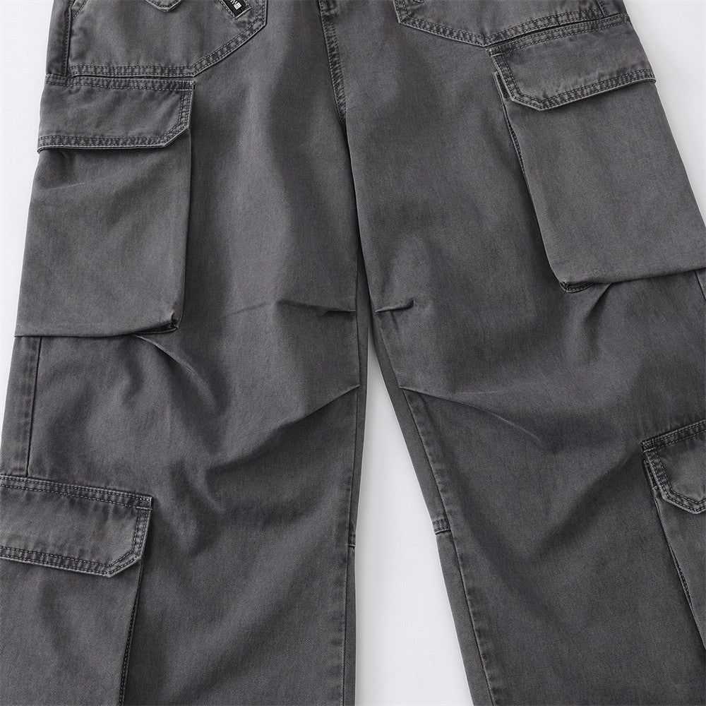 Wide-Leg Cargo Pants – Multi-Pocket Washed Vintage Streetwear Trousers