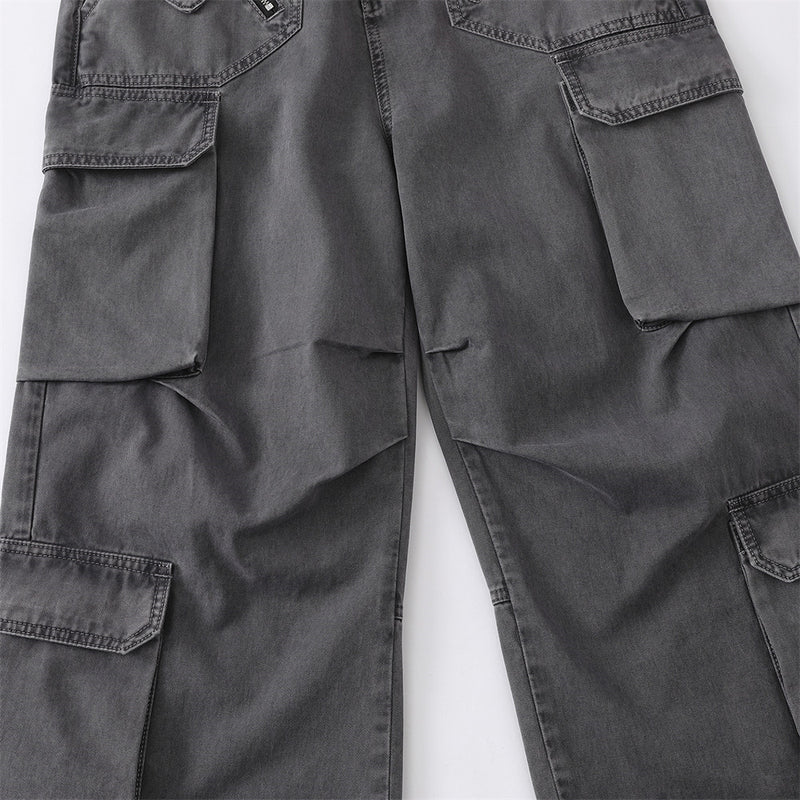 Wide-Leg Cargo Pants – Multi-Pocket Washed Vintage Streetwear Trousers