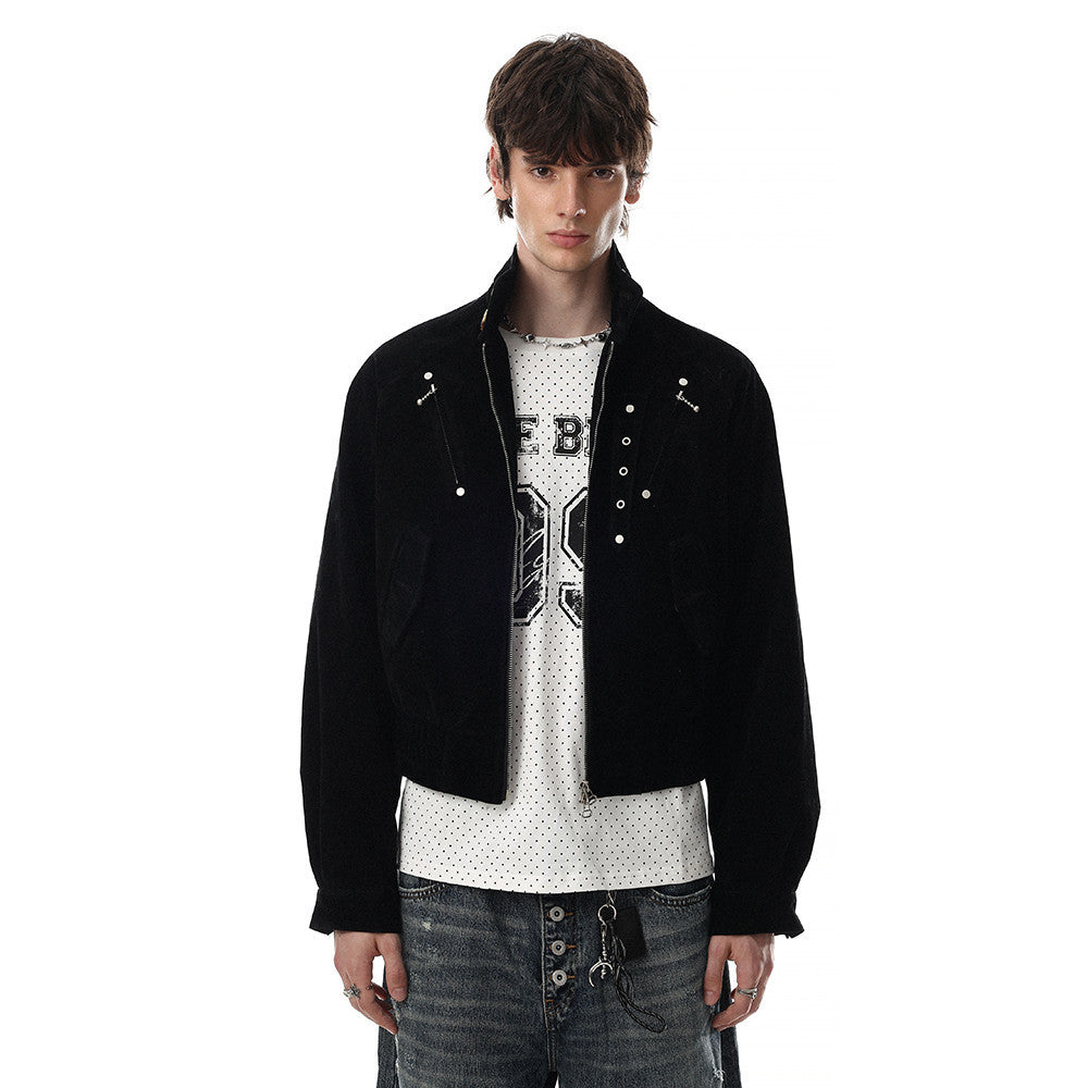 Mens Bomber Jacket – Cropped Stand Collar Zip-Up with Metal Hardware