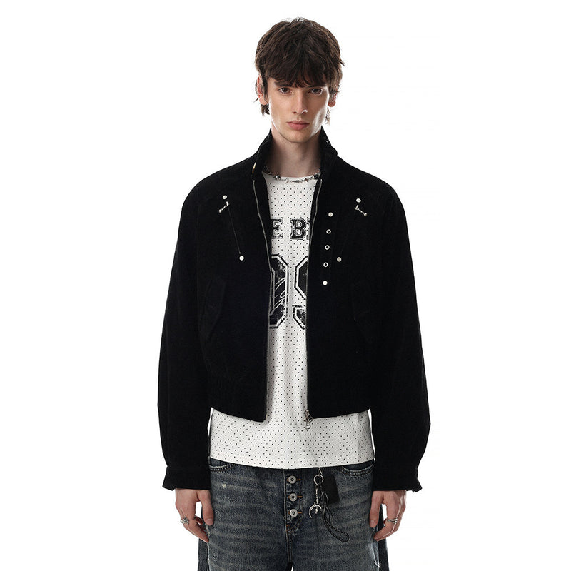 Mens Bomber Jacket – Cropped Stand Collar Zip-Up with Metal Hardware