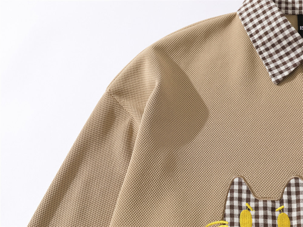 Plaid Collar Cat Embroidery Sweatshirt – Faux Two-Piece Button Polo Men's Top