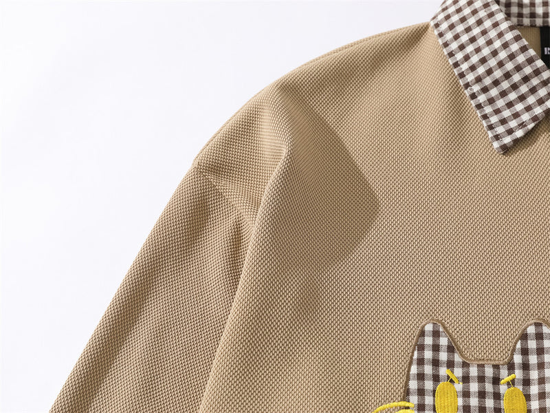 Plaid Collar Cat Embroidery Sweatshirt – Faux Two-Piece Button Polo Men's Top