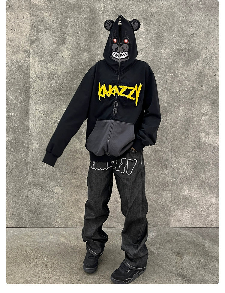 Dark Bear Demon Hoodie - 400GSM Schwarze Horror-Streetwear mit gelber Stickerei