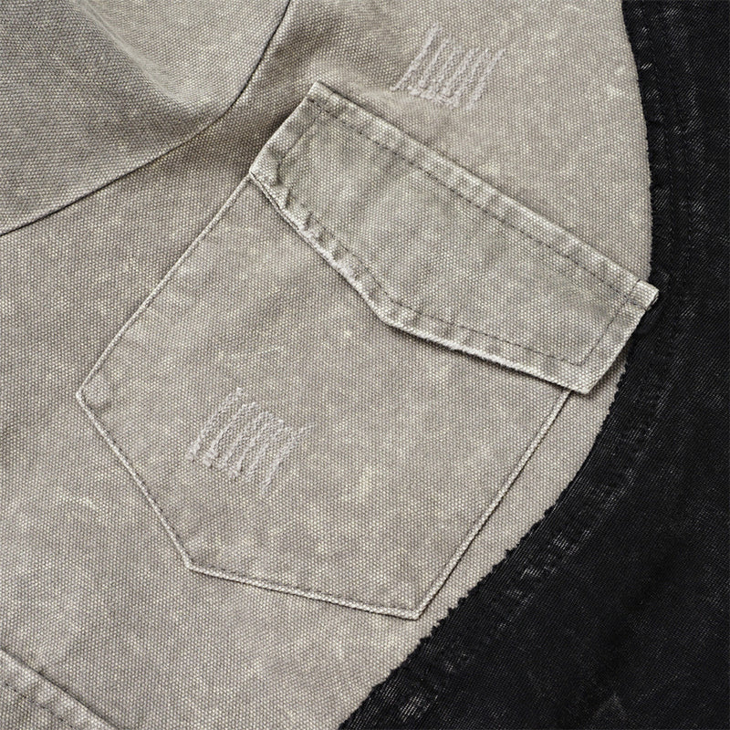 Sweat-shirt colorblock à manches longues délavé à l’acide avec poches cargo