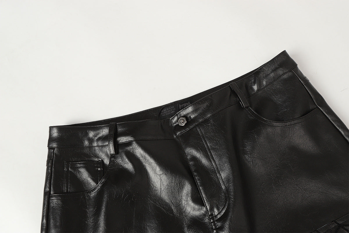 Wide-Leg Faux Leather Pants with Spiderweb Embossed Panels