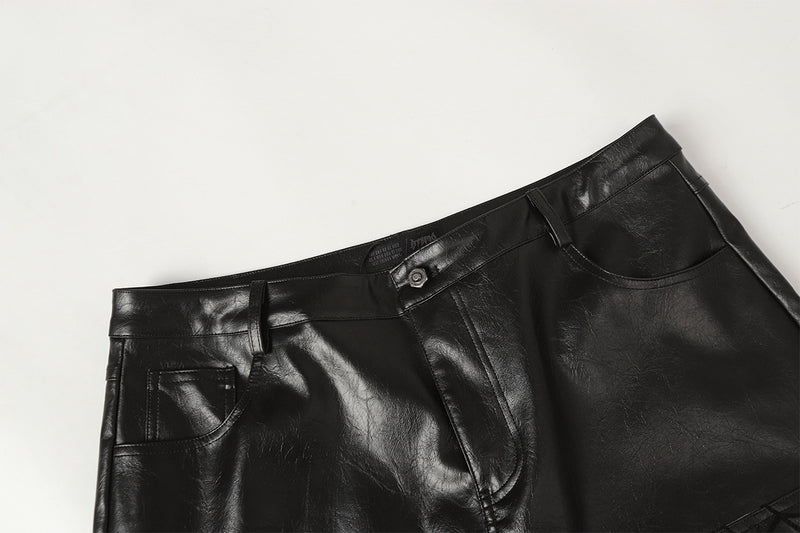 Wide-Leg Faux Leather Pants with Spiderweb Embossed Panels