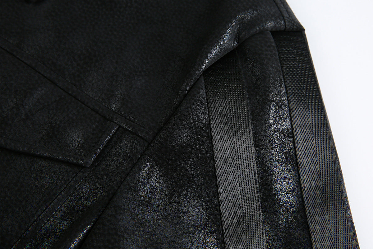 Veste trucker noire en similicuir PU – Style punk streetwear et moto