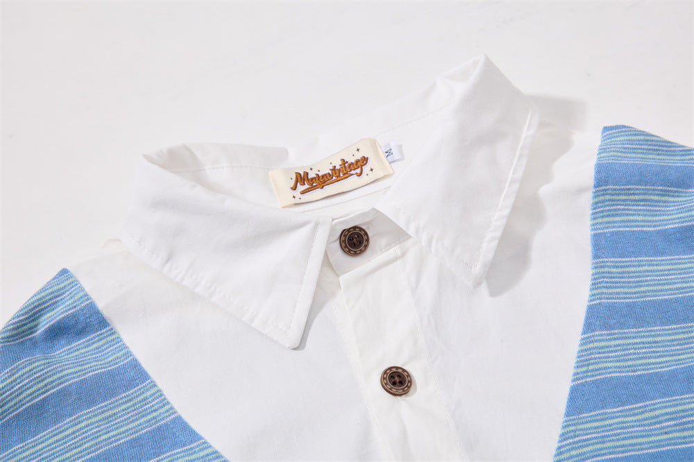 Striped Faux Two-Piece Polo Collar Long Sleeve T-Shirt